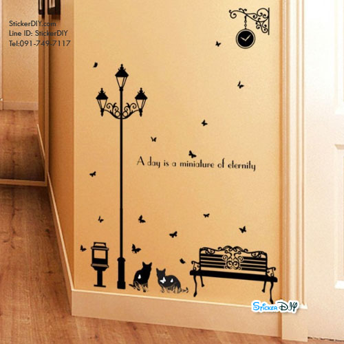 Transparent wall sticker สติ๊กเกอร์ติดผนัง เสาไฟ "Lamp Cat a day" (กว้าง145cm.xสูง153cm.)