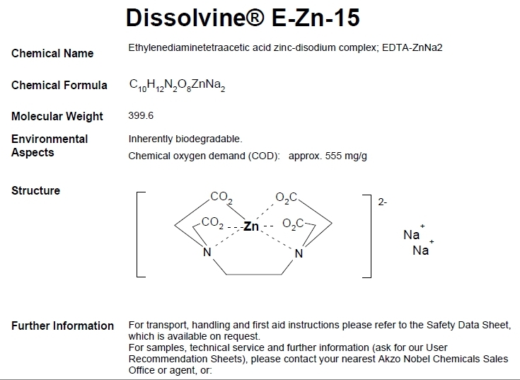 ธาตุสังกะสี(ซิงค์)คีเลตอีดีทีเอ 15% Dissolvine E-ZN-15 (EDTA Zn 15%; Aczonobel Netherland) บรรจุ 1 กิโลกรัม