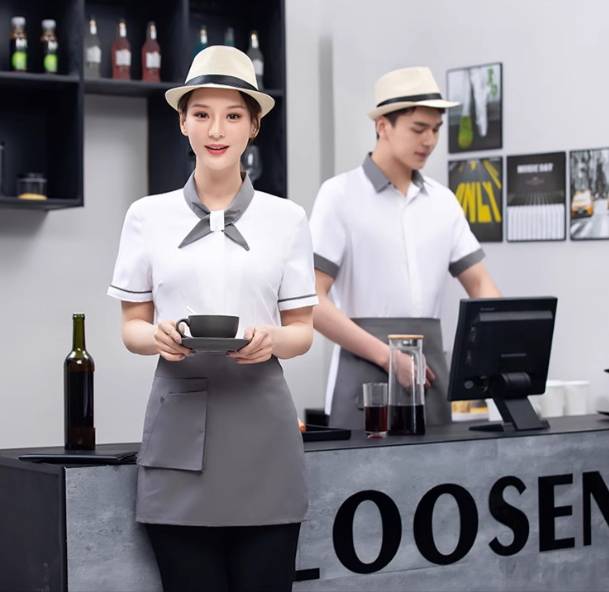 ชุดฟอร์มพนักงานเสริฟสีดำ สีขาว สีแดง ชุดพนักงานร้านอาหาร ชุดร้านกาแฟ โรงแรม รีสอร์ท