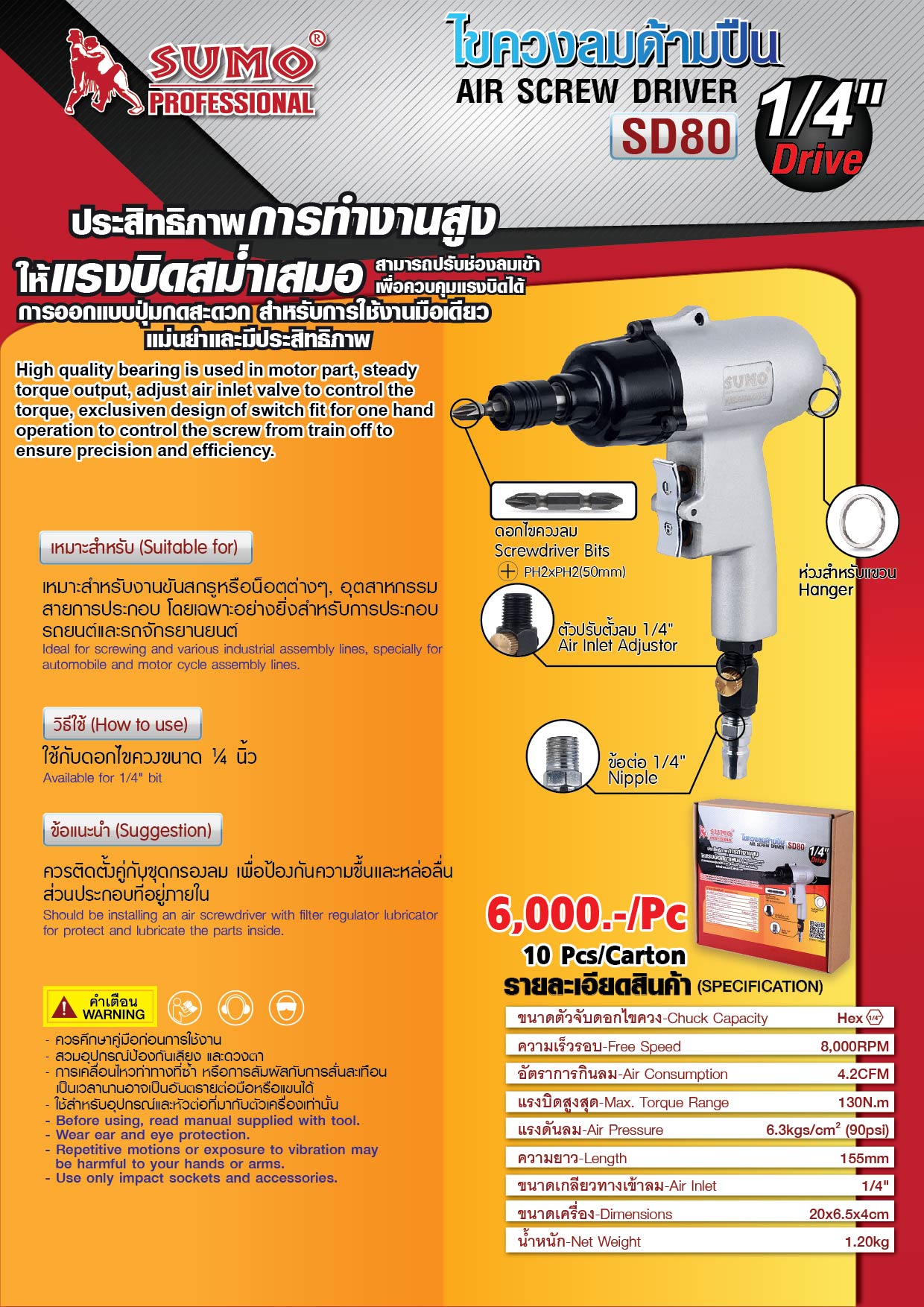 ไขควงลมด้ามปืน 1/4นิ้ว รุ่น SD80 ยี่ห้อ sumo