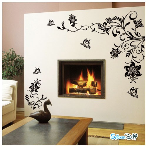 Bigsize Vinyl wall sticker สติ๊กเกอร์ติดผนัง Black butterfly flower ขวา (กว้าง236cm.xสูง147cm.)