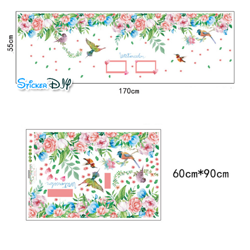 Transparent Wall Sticker สติ๊กเกอร์ติดผนังแต่งขอบ กรอบรูป "Water Color Roses" (กว้าง170cm.xสูง55cm.)