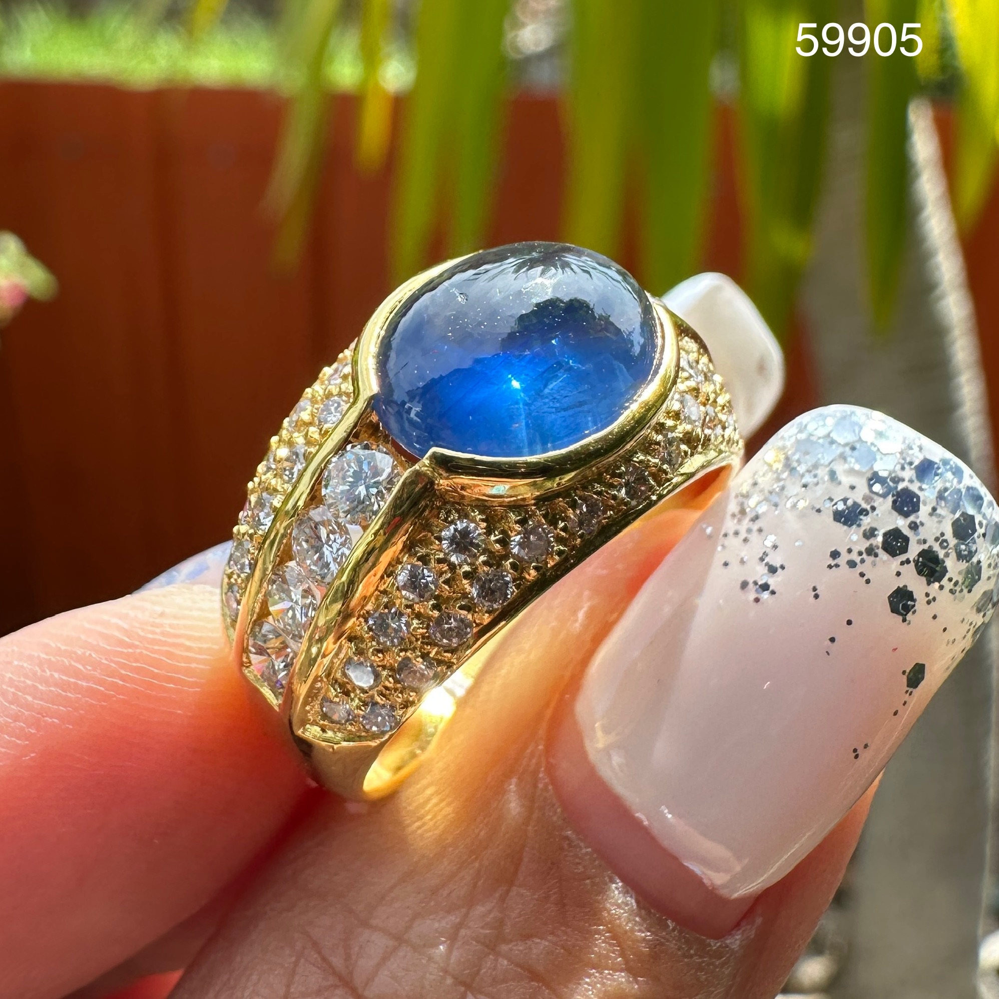 รหัส 59905 แหวน ไพลิน กาญจนบุรี ฝังเพชร 54 เม็ด 0.90 กะรัต ทอง90 พร้อม Cert. งานสวยมาก นน. 7.33 g