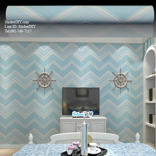 (กว้าง45cm.xยาว10m.)Wallpaper sticker วอลเปเปอร์แบบกาวในตัว Line สไตล์G สีฟ้า