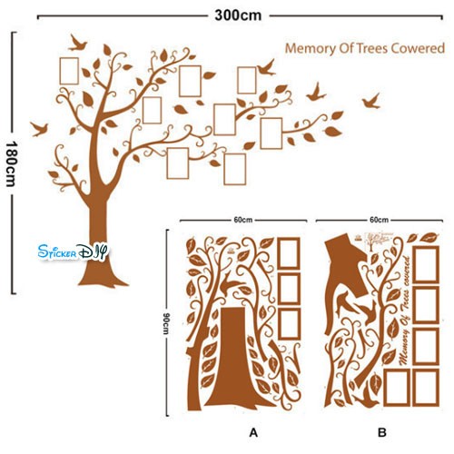 BigSize Transparent Wall Sticker สติ๊กเกอร์ติดผนัง กรอบรูปต้นไม้ Memory of trees สีน้ำตาลอ่อน (กว้าง300cm.xสูง180cm.)