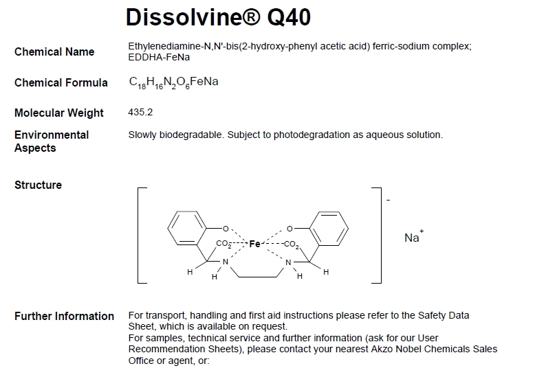 [25KG] ผงจุลธาตุเหล็กคีเลตอีดีดีเอชเอ 6% (เหล็กม่วง) Dissolvine Q40 (EDDHA FE 6%; Aczonobel Netherland) บรรจุ 25 กิโลกรัม