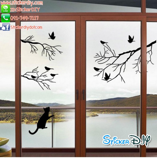 Vinyl wall sticker สติ๊กเกอร์ติดผนัง กิ่งไม้แมวและนก (กว้าง58cm.xสูง54cm.)