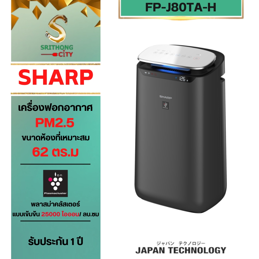 sharp เครื่องฟอกอากาศ 62.ตร.ม รุ่น FP-J80TA-H J80TAพลาสม่าคลัสเตอร์แบบเข้มข้น 25000 ไอออน/ลบ.ซม