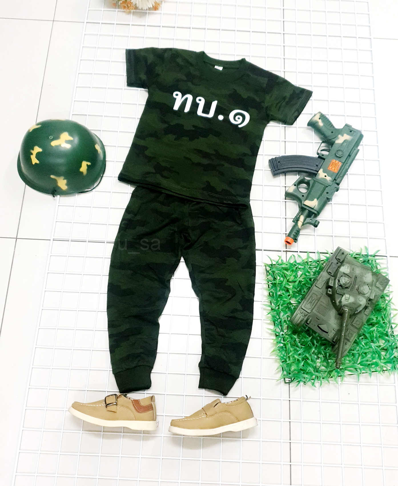 ชุดลายพรางเด็กผ้ายืดเสื้อแขนสั้น กางกงขายาว 2ชิ้น