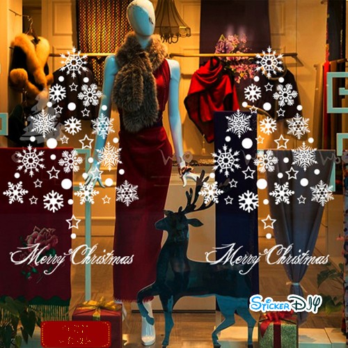 Transparent wall sticker สติ๊กเกอร์ติดผนัง เกล็ดหิมะ "Merry Christmas" (กว้าง>80cm.xสูง>67cm.)