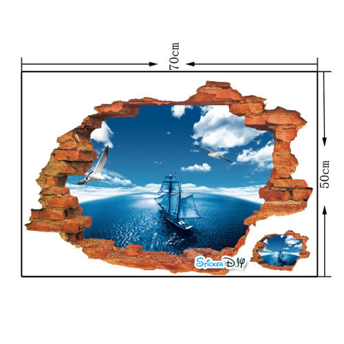 Wall Sticker สติ๊กเกอร์ติดผนัง 3D SAILBOAT (กว้าง68cm.xสูง48cm)