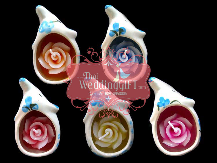 เทียนหอมดอกกุหลาบบรรจุในเซรามิคหัวใจ/ ช้าง/ โอ่ง แพ็คถุงแก้ว ผูกเชือกพร้อมใบไม้