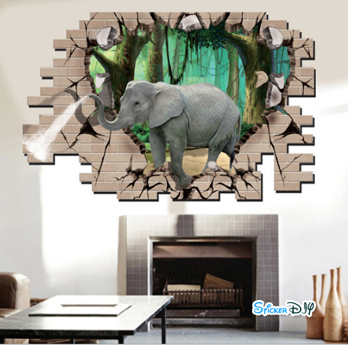 Wall sticker สติ๊กเกอร์ติดผนัง 3D ช้างพ่นน้ำ "เงินทองจะใหลเวียนไม่ขาด" (กว้าง90cm.xสูง60cm.)