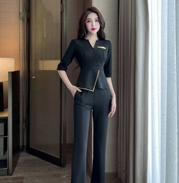 ชุดนวดสปา ชุดคลินิกความงาม ชุดพนักงานต้อนรับ สีดำกุ๊นทอง สีกรมท่ากุ๊นทอง