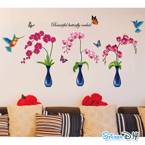 Transparent wall sticker สติ๊กเกอร์ติดผนัง 3D แจกันกล้วยไม้ (กว้าง122cm.xสูง60cm.)