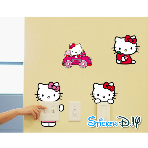Wall sticker สติ๊กเกอร์ติดสวิตช์ไฟ KITTY typeB (กว้าง12cmxสูง9.2cm.)