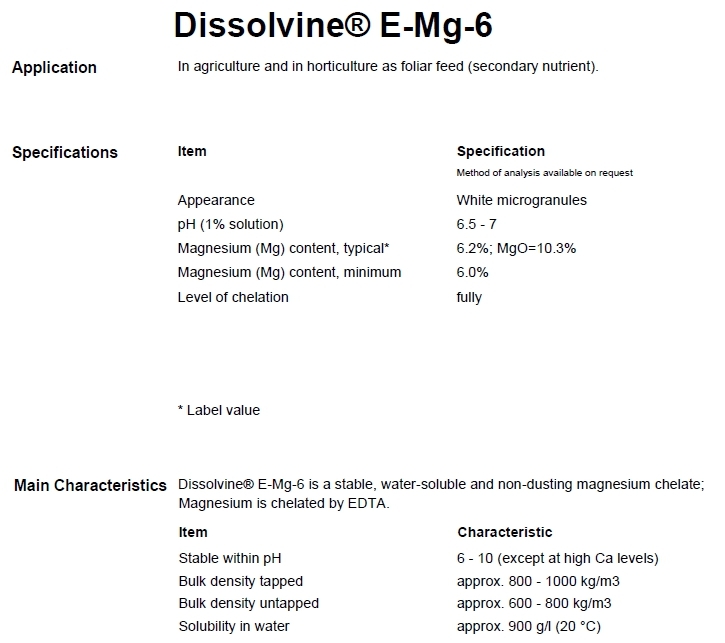 ผงจุลธาตุแมกนีเซียมคีเลตอีดีทีเอ Dissolvine E-MG-6 (EDTA Mg 6%; Aczonobel Netherland) บรรจุ 1 กิโลกรัม
