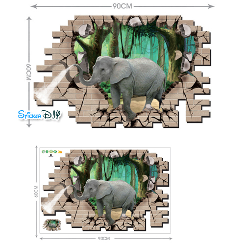 Wall sticker สติ๊กเกอร์ติดผนัง 3D ช้างพ่นน้ำ "เงินทองจะใหลเวียนไม่ขาด" (กว้าง90cm.xสูง60cm.)