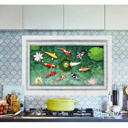 Transparent wall sticker สติ๊กเกอร์ติดผนัง3D บ่อบัวปลาคาร์ฟ "ความเจริญรุ่งเรือง มีโชคลาภ มีอำนาจวาสนา" สไตล์D (กว้าง89cm.xสูง57.5cm.)
