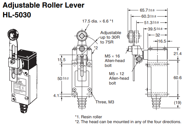 ลิมิตสวิทช์ Limit Switch OMRON HL-5030 ชนิดลูกกลิ้งปรับได้ Adjustable roller lever 5A 250V IP65 1NO/1NC