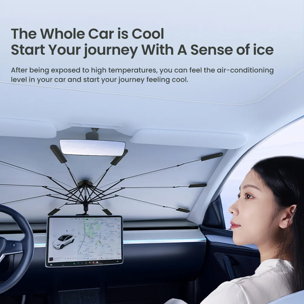 ที่บังแดดกระจกหน้ารถ ฉนวน UV ป้องกันความร้อนดี ด้ามจับแบบร่ม Tesla Model Y Juniper / Model 3 Highland