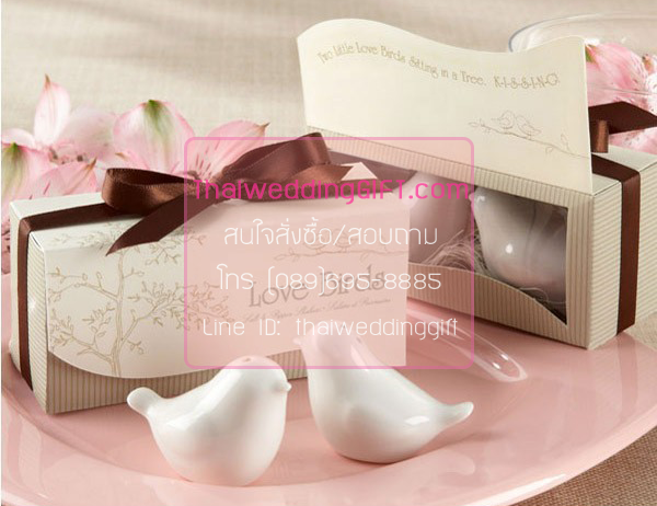 นกคู่รักเลิฟเบิร์ดสีขาว แพ็คกล่องบ้านนกสวยงาม ผูกโบว์ พร้อมป้ายชื่อ