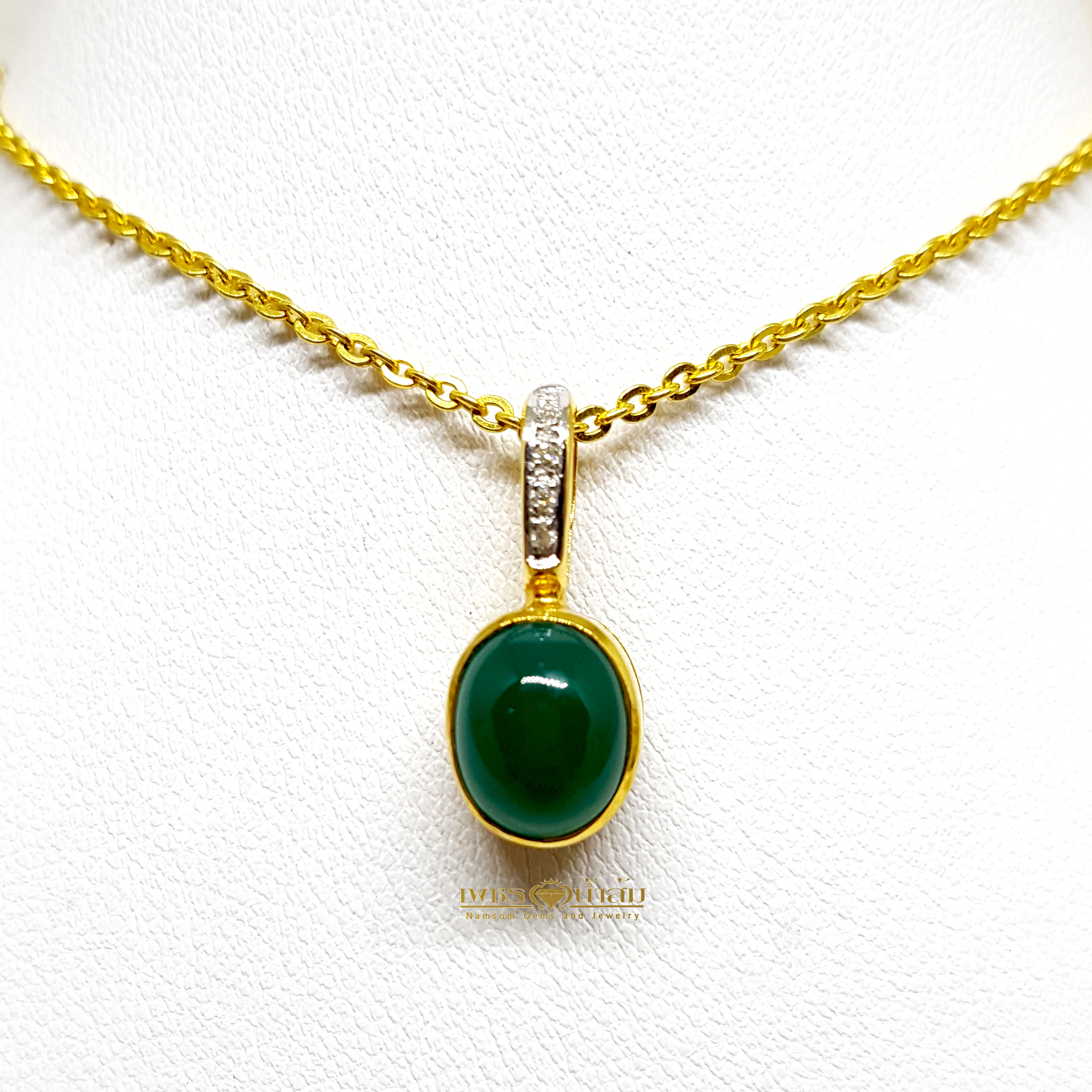 จี้พลอย Green Agate สีเขียว ชิ้นเล็กน่ารัก ประดับตกแต่งด้วยเพชรแท้