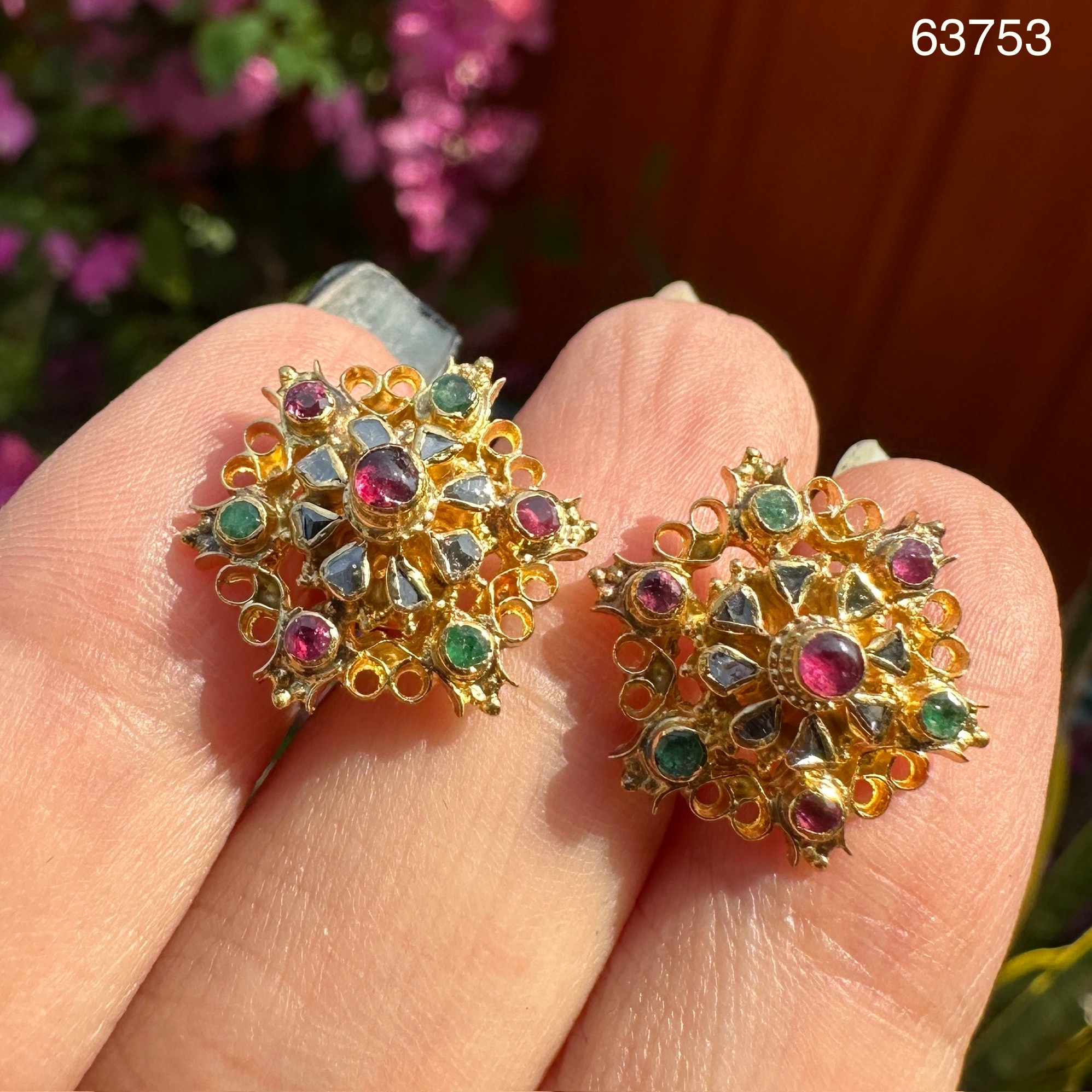 รหัส 63753 ต่างหู 3 สี ทับทิม มรกต เพชรซีก ทอง90 นน. 5.44 g
