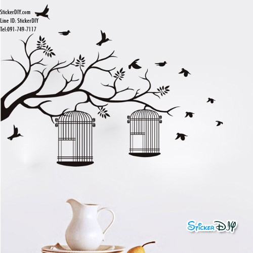 Vinyl wall sticker สติ๊กเกอร์ติดผนัง กิ่งไม้กรงนกคู่ (กว้าง77cm.xสูง57cm.)