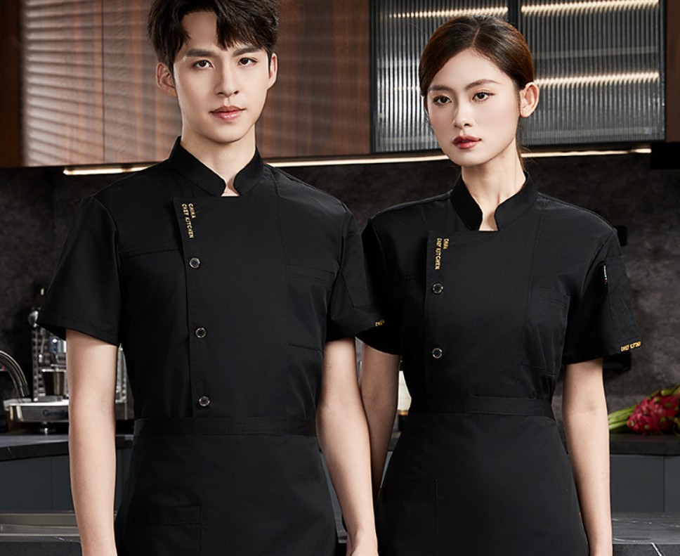 เสื้อเชฟสีขาวกุ๊นสีน้ำเงิน สีขาวกุ๊นสีเทา ตรงบ่าเป็นผ้าระบายอากาศ