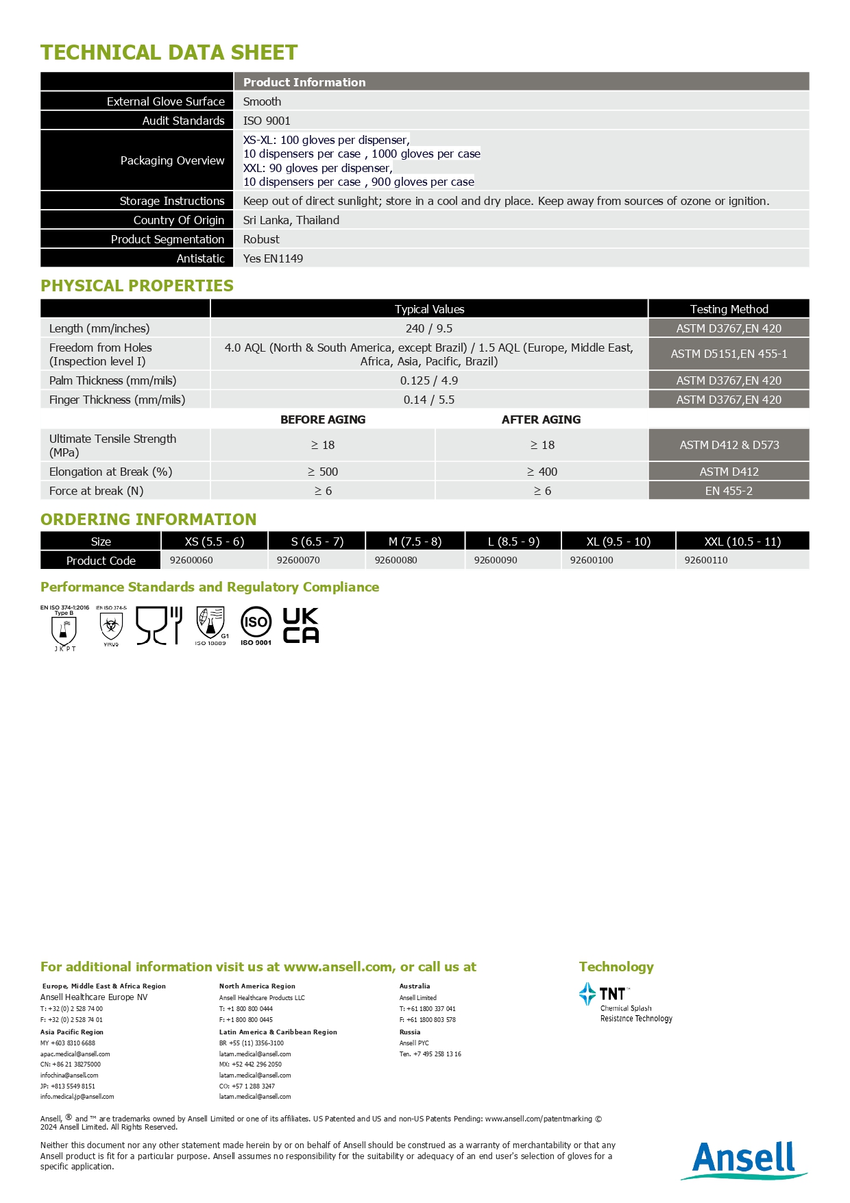 ถุงมือยางไนไตร สีเขียว ANSELL (TouchNTuff® 92-600)