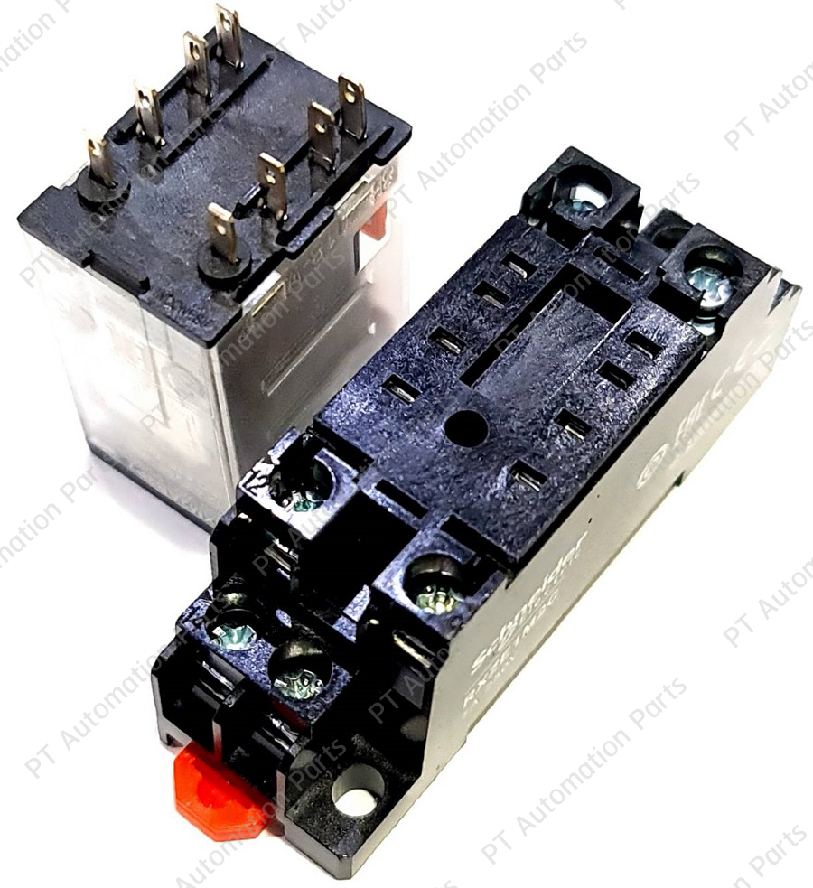 รีเลย์พร้อมซ็อกเก็ต ชไนเดอร์ Schneider Electric RXM2AB2P7 RXZE1M2C 230VAC 12A 2คอนแทค 8ขา มีไฟแสดงสถานะ LED