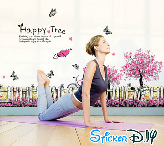 Transparent wall sticker สติ๊กเกอร์ติดผนัง รั้วต้นเชอรี่ชมพูม่วง HAPPY TREE (กว้าง108cm.xสูง55cm.)