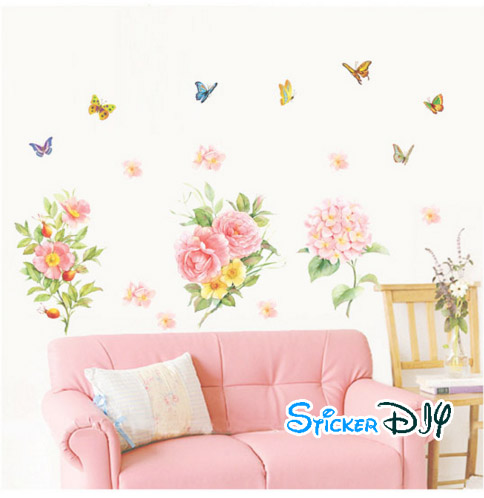 Transparent wall sticker สติ๊กเกอร์ติดผนัง ดอกกุหลาบชมพูและผีเสื้อ (กว้าง150cm.xสูง110cm.)