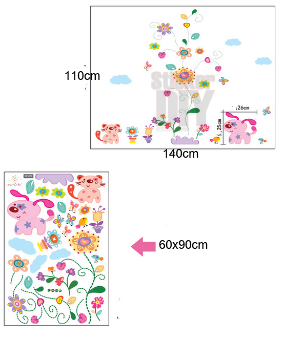 Transparent wall sticker สติ๊กเกอร์ติดผนัง สุนัขและแมวน้อย (กว้าง170cm.xสูง50cm.)