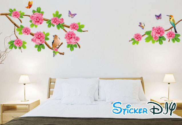 Transparent wall sticker สติ๊กเกอร์ติดผนัง กิ่งไม้ดอกไม้ชมพูและนก (กว้าง178cm.xสูง118cm.)