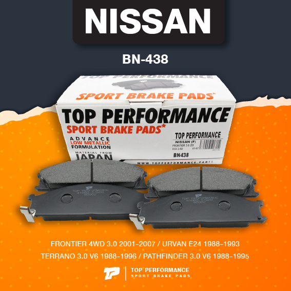(ประกัน 3 เดือน) ผ้าเบรค หน้า NISSAN FRONTIER 4WD / URVAN E24 / TERRANO / PATHFINDER - TOP PERFORMANCE JAPAN BN 438 - ผ้าเบรก ฟรอนเทียร์