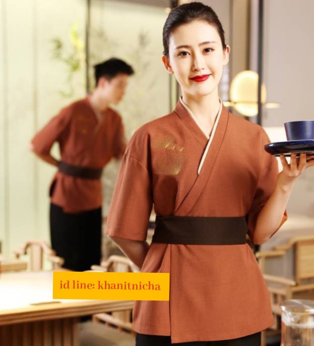 ชุดพนักงานร้านอาหารญี่ปุ่นสีน้ำตาล ร้านอาหารเกาหลี ชุดพนักงานซูชิ