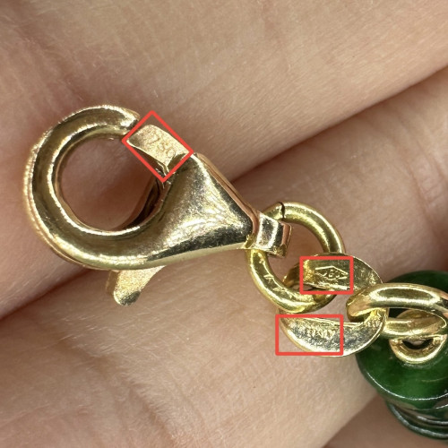 รหัส 63976 สร้อยข้อมือ หยก พม่า คั่นเม็ดทอง งานครั่ง สายทอง18K ข้อมือ 18.50 ซม. ใส่ได้ พร้อม Cert. นน. 18.75 g