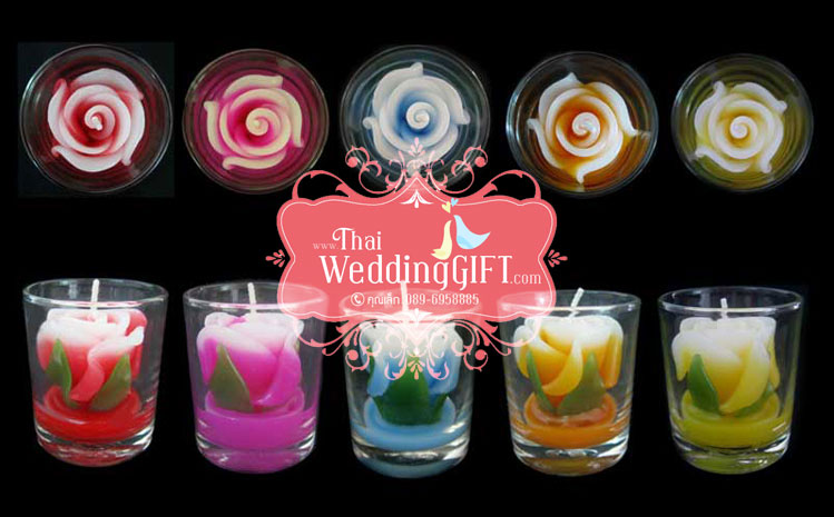 เทียนหอมดอกกุหลาบ ดอกตูม และดอกบาน บรรจุในแก้วใส แพ็คถุงแก้ว ผูกโบว์