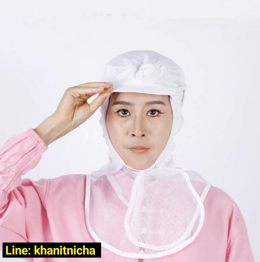 หมวกโรงงาน หมวกอนามัยป้องกันฝุ่น หมวกโรงงานคลุมไหล่ สีฟ้า สีขาว