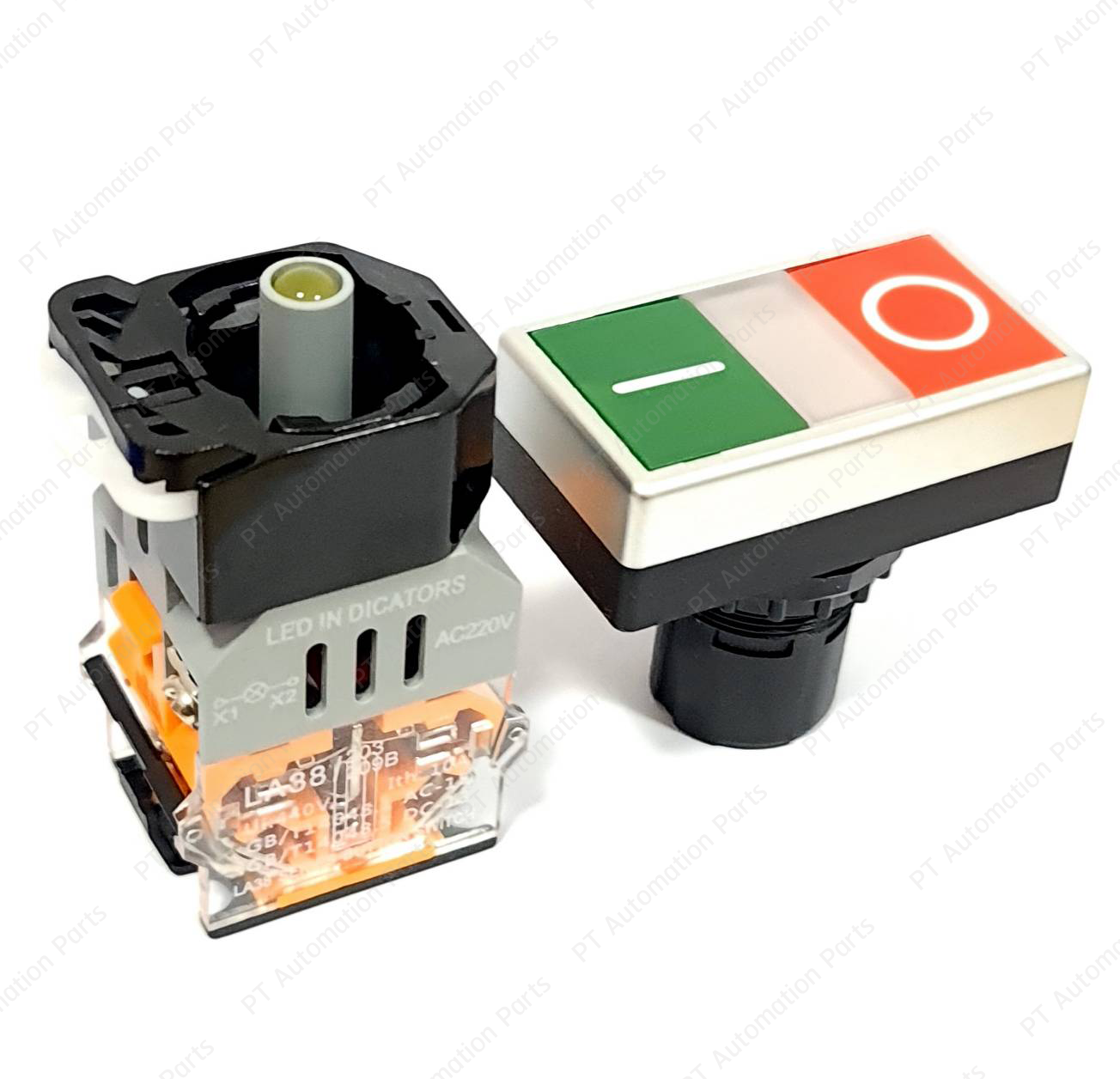 Double Push Button Switch LA38-11D/RG Self Reset Green/Red Start Stop ø22mm 10A 440V 1NO/1NC สวิตช์ปุ่มกด กดติดปล่อยดับ 2ปุ่มในตัวเดียว สีเขียว สีแดง มีไฟแสดงสถานะ LED