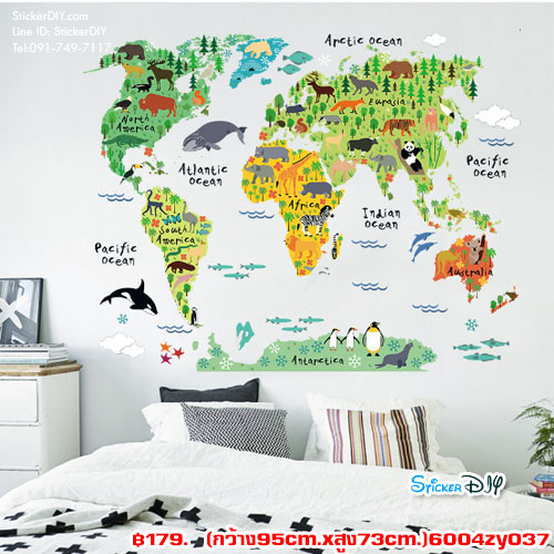 Transparent wall sticker สติ๊กเกอร์ติดผนัง Animal world map (กว้าง95cm.xสูง73cm.)