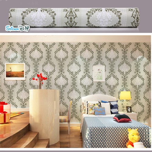 (กว้าง45cm.xยาว10m.)Wallpaper sticker วอลเปเปอร์แบบกาวในตัว ลายหลุยส์ สไตล์S สีเขียว