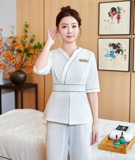 ชุดนวดสปา ชุดพนักงานซาวน่าเสริมสวย ชุดพนักงานนวด สีเขียว สีขาว ไซส์ S-7XL