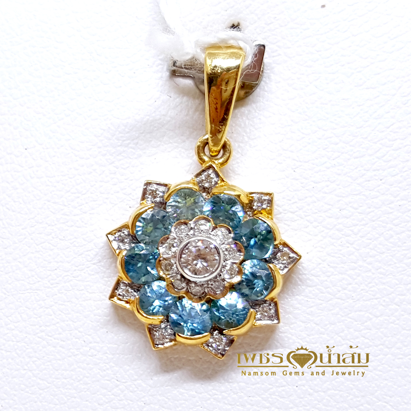 จี้พลอยเพทาย Blue Zircon สีสวยน้ำงาม งานคลาสสิก ทรงไทย