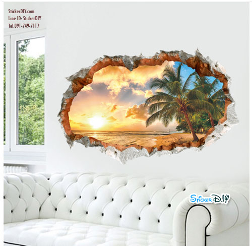 Wall Sticker สติ๊กเกอร์ติดผนังสามมิติ 3D หน้าต่าง BEACH C (กว้าง90cm.xสูง60cm.)