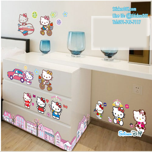 Transparent Wall Sticker สติ๊กเกอร์ติดผนัง Kitty Town (กว้าง100cm.xสูง60cm.)