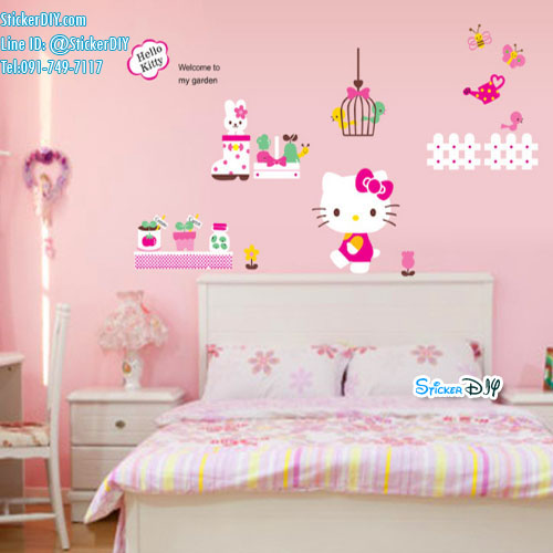 Transparent Wall sticker สติ๊กเกอร์ติดผนัง Kitty welcome to my garden (กว้าง155cm.xสูง95cm.)