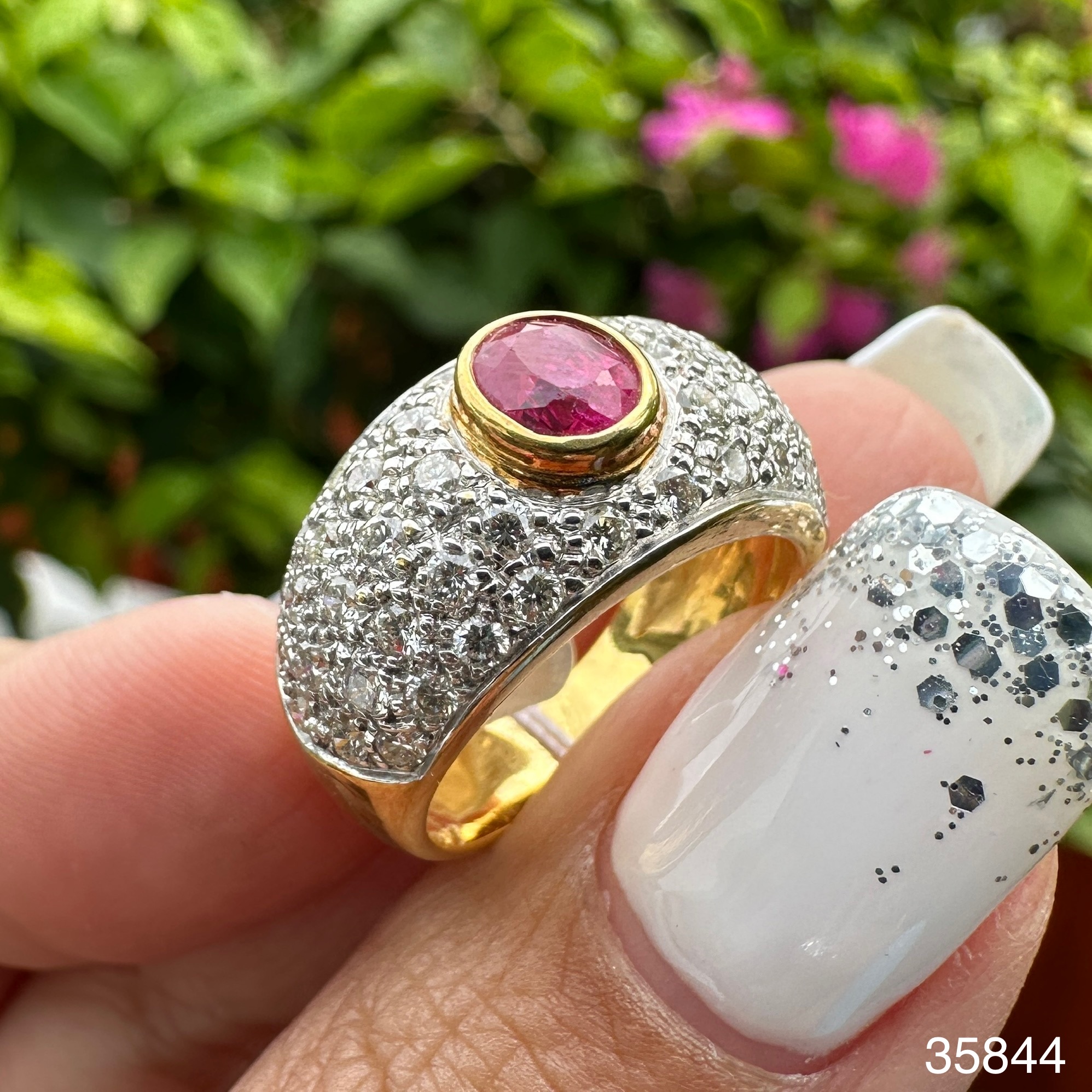 รหัส 35844 แหวน ทับทิมพม่า ฝังเพชร 5 แถว 50 เม็ด 1.00 กะรัต ทอง18K งานสวยมาก นน. 7.94 g
